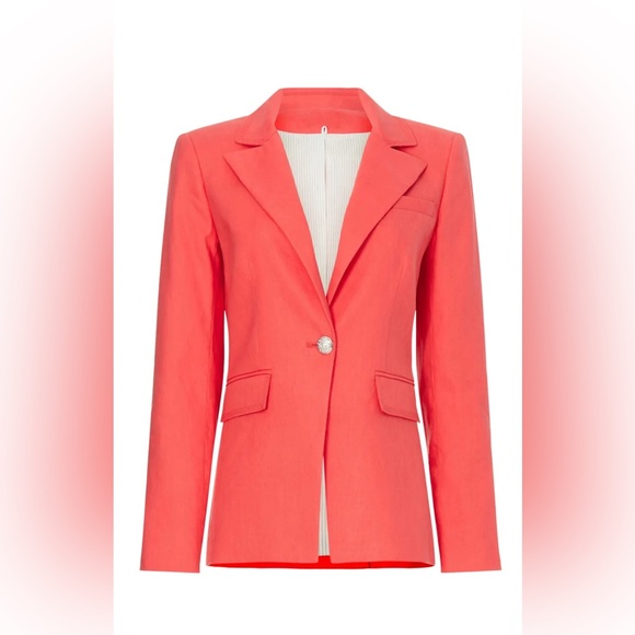 Veronica Beard $598 Linen Blend Sedgwick Blazer Red Orange Silver Buttons Preppy - Picture 3 of 10